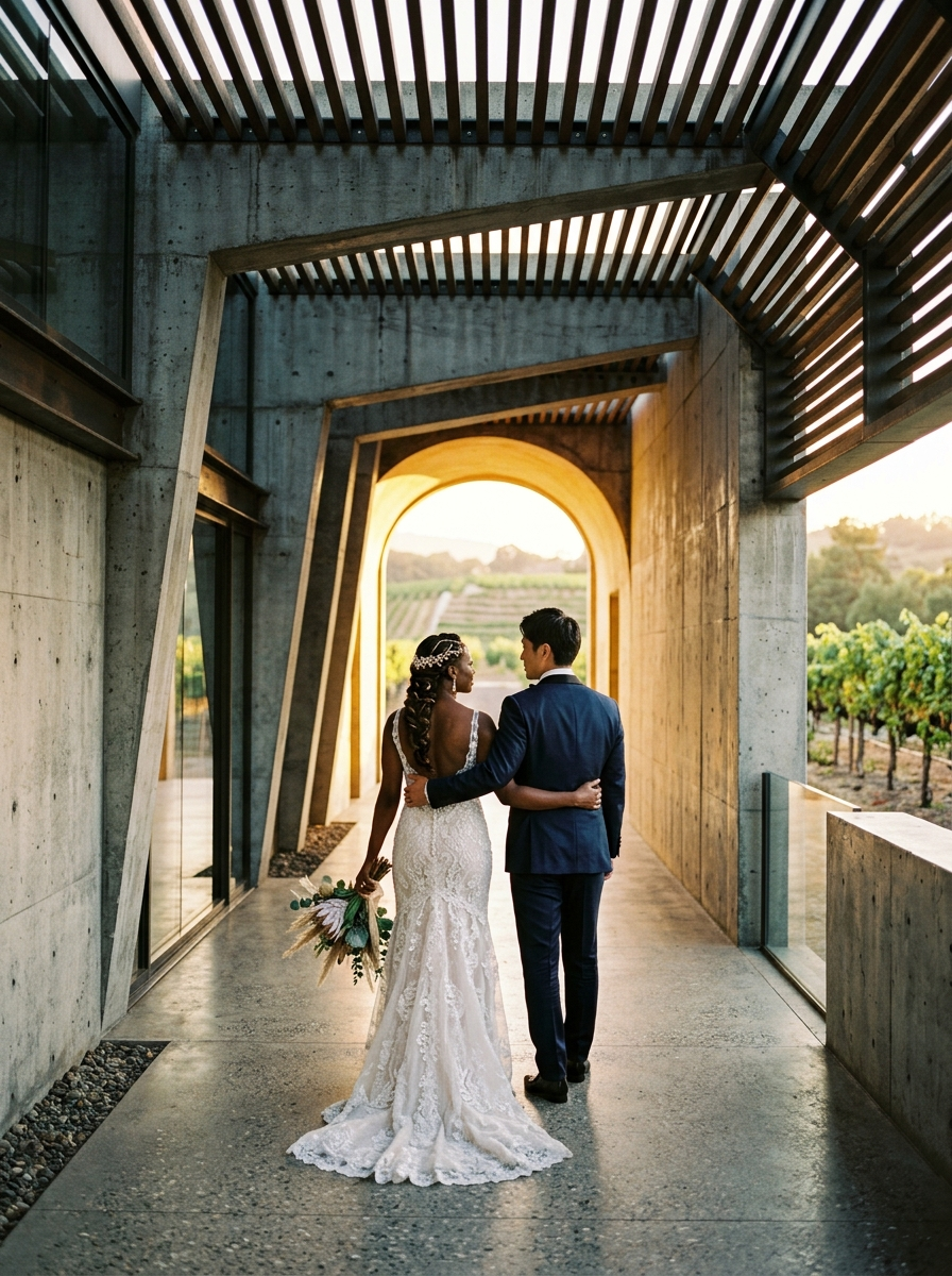 Amara and Kai walking through the vineyard corridor