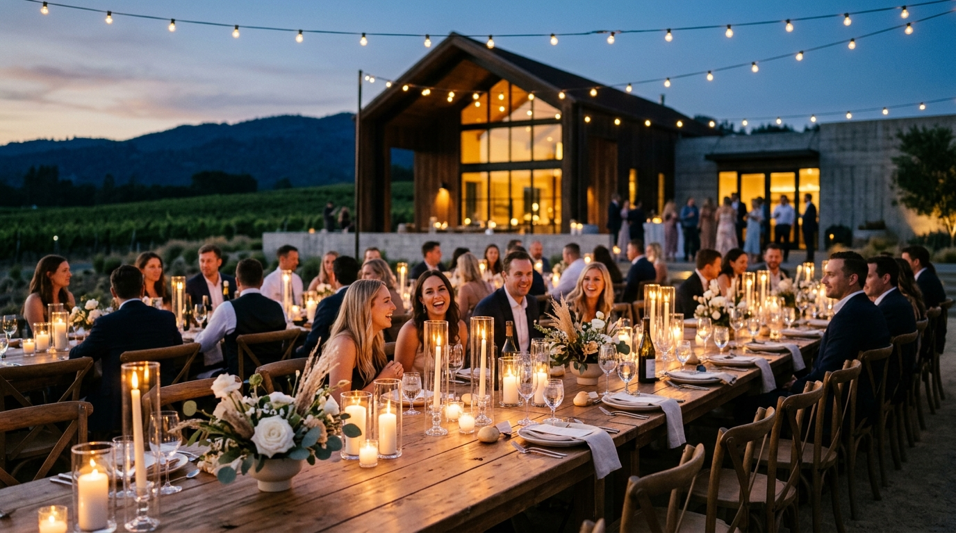 Long dinner table set among the vineyard at dusk